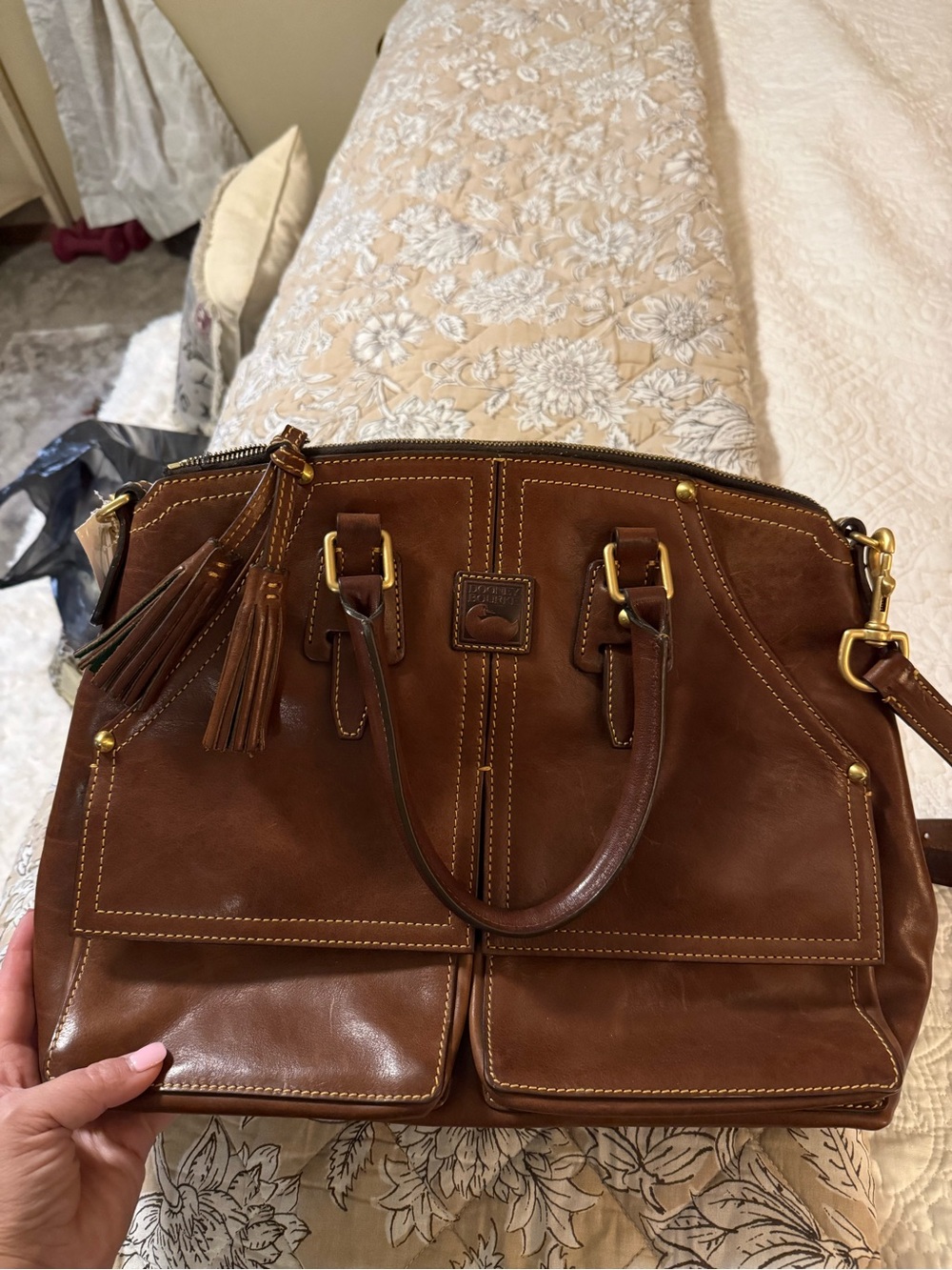Dooney & Bourke Brown Leather Satchel with Gold Hardware and Tassel
